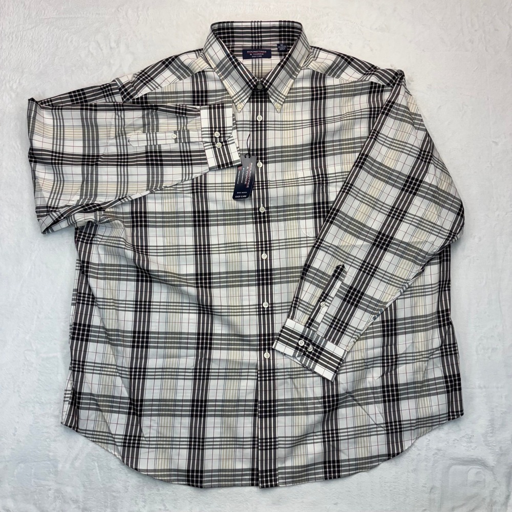 Roundtree & Yorke Easy Care Plaid Button Down Shirt Mens 3X White Burgundy Tan